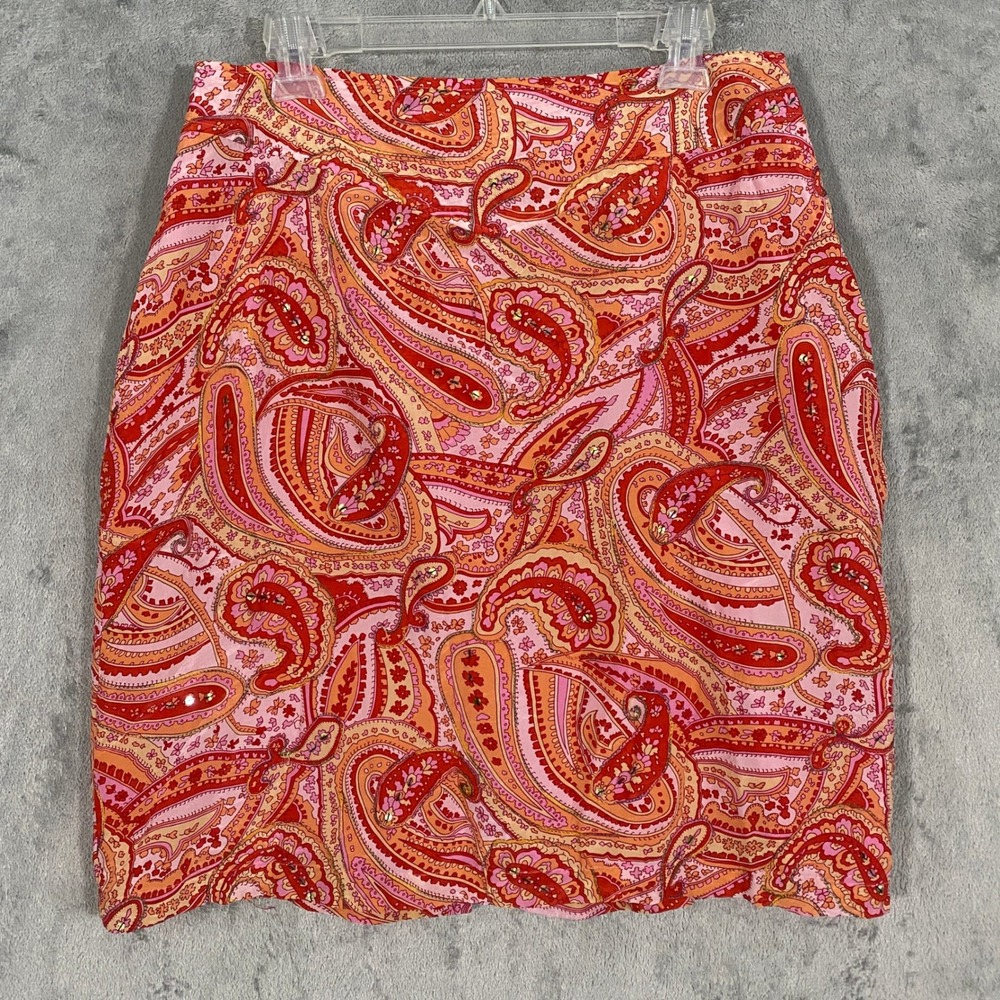 Worthington Skirt Sz 16 Pink Orange Paisley 100% Silk Sequin Colorful Boho Fairy